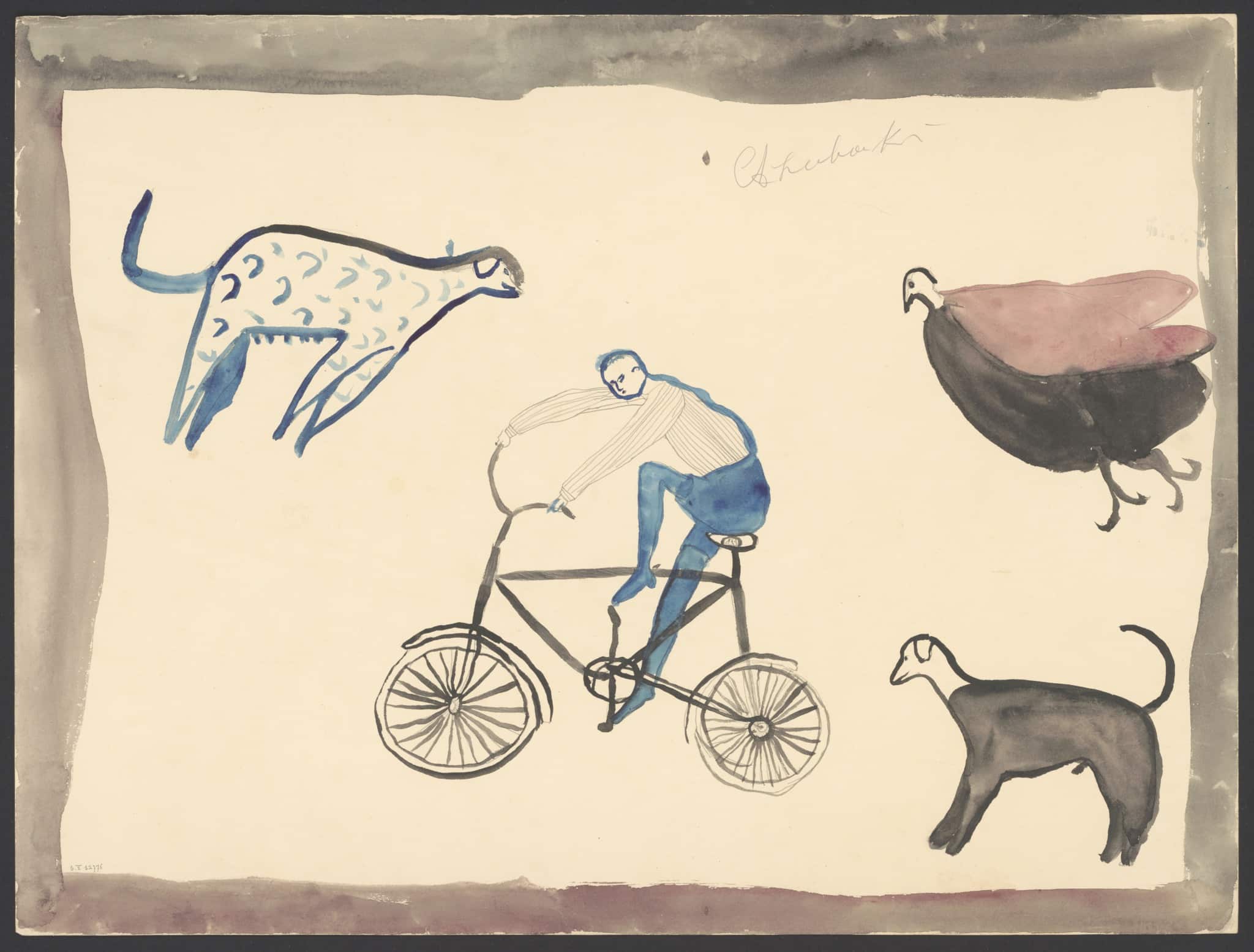 Aquarelle de l'artiste congolais Albert Lubaki représentant un Européen à vélo, deux chiens et une pintade