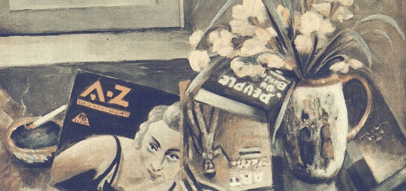 Illustration du magazine A-Z posé sur une table à côté d'un vase de fleurs