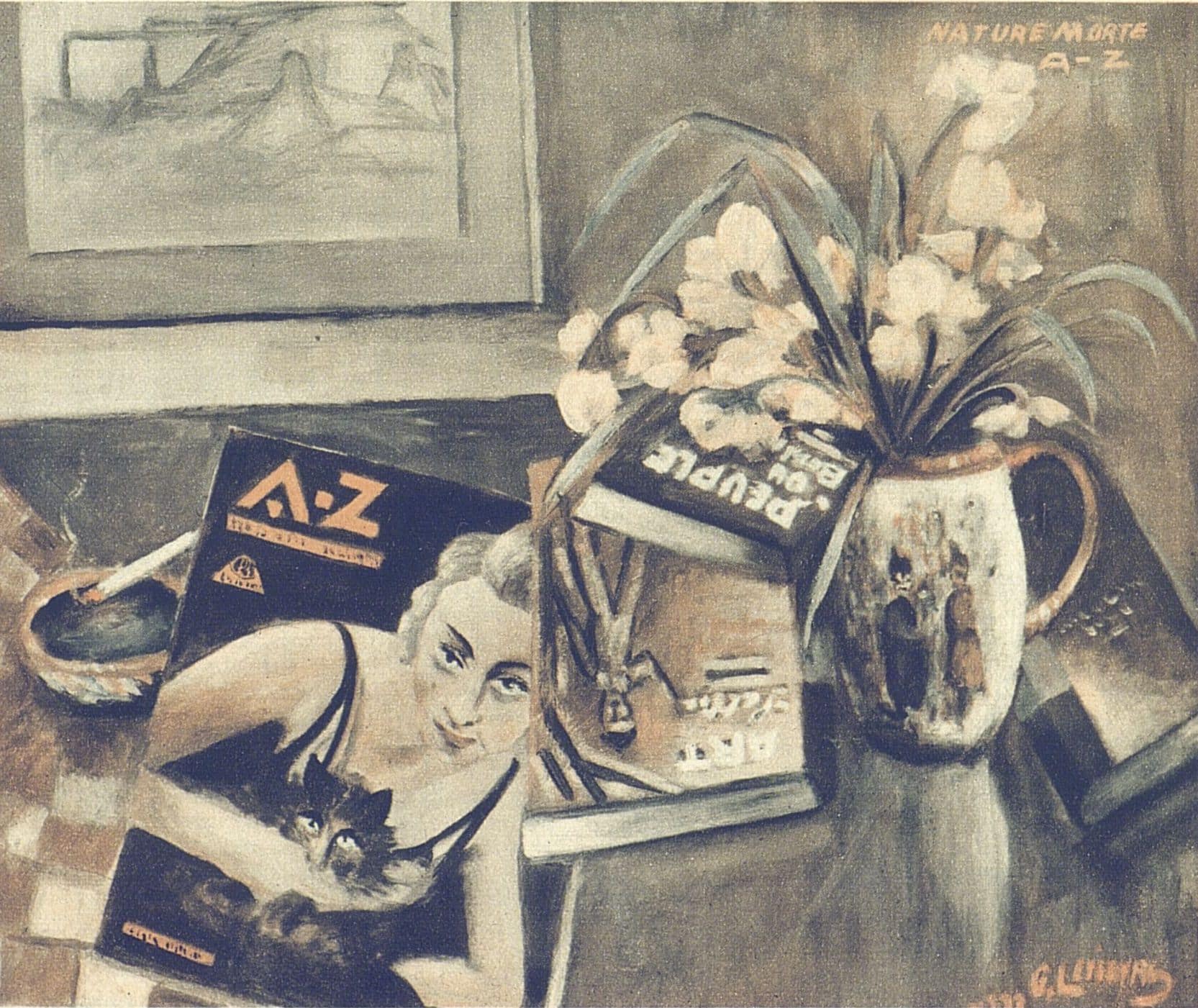 Illustration du magazine A-Z posé sur une table à côté d'un vase de fleurs
