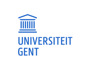 Logo université de Gand lettres bleues sur fond blanc avec la mention universiteit Gent en néerlandais
