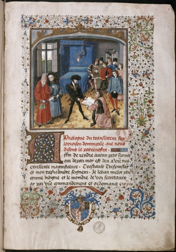 ms. 9092, fol. 1r, Jean Miélot overhandigt zijn werk aan Filips de Goede, in aanwezigheid van het hof. 