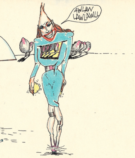 2. Anne-Mie Van Kerckhoven, Troeteldiertjes lokken, 1976. Inkt en kleurpotlood op Steinbachpapier op karton, 27 x 35 cm. Brussel, KBR, inv. F-2026-64.
